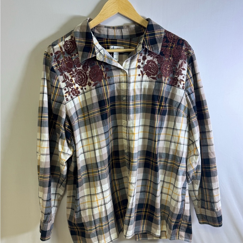 Denim&Co‎ Multicolor Plaid Shirt with Floral Embroidery